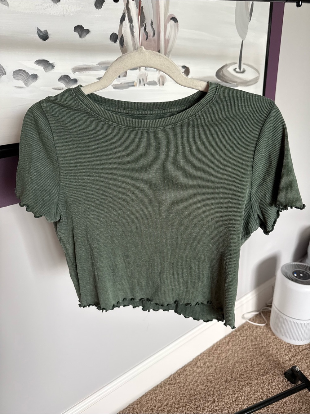 aerie Olive Green Ribbed Lettuce-Edge Crop Tee